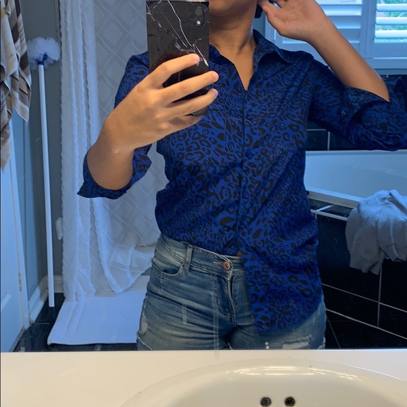 ATTITUDE blouse collar button down, black and blue - Picture 7 of 7